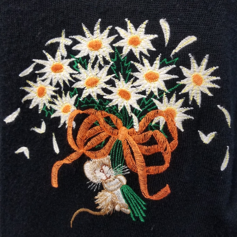 Vintage Mouse & Daisies embroidered v-neck sweater M vtg grunge punk 70s 80s - Picture 2 of 5
